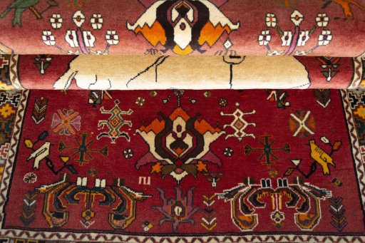 Full view of 2000s Shiraz rug from Iran / Persia, 200 × 110 cm in Red tones