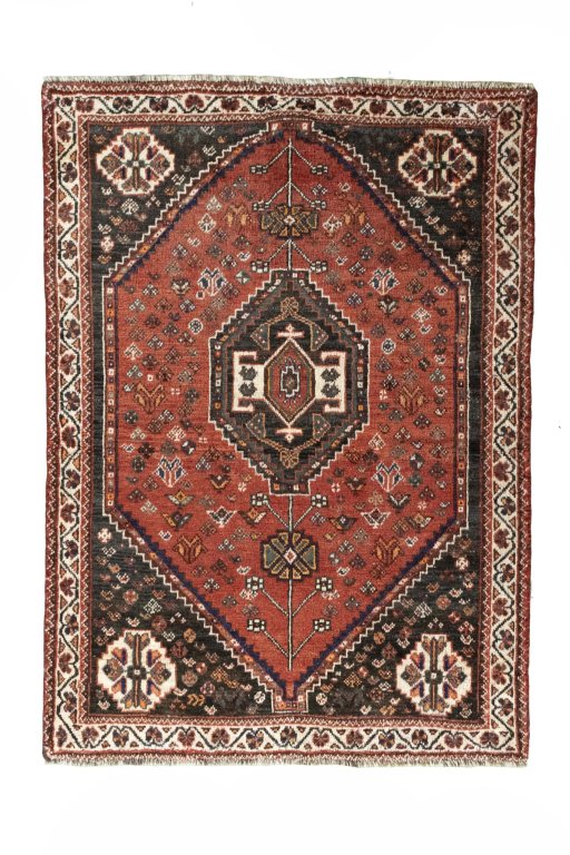 Full view of 2000s Shiraz rug from Iran / Persia, 159 × 114 cm in Red tones