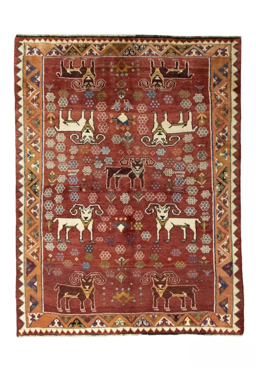 Full view of 2000s Shiraz rug from Iran / Persia, 201 × 152 cm in Red tones