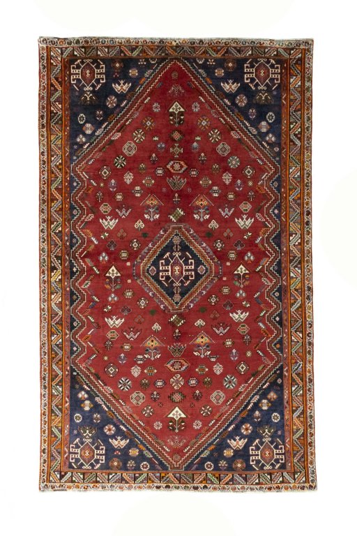 Full view of 2000s Shiraz rug from Iran / Persia, 284 × 173 cm in Red tones