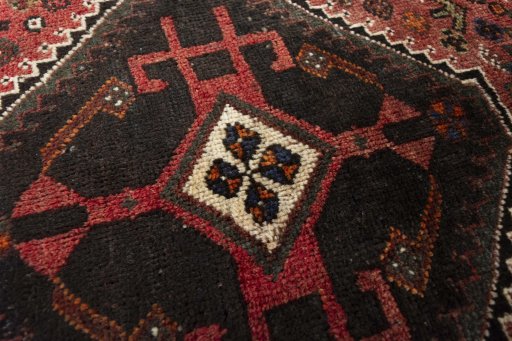Full view of 2000s Shiraz rug from Iran / Persia, 254 × 172 cm in Red tones