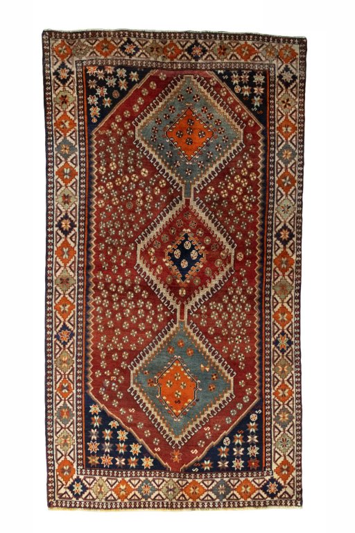Full view of 2000s Shiraz rug from Iran / Persia, 273 × 147 cm in Red tones