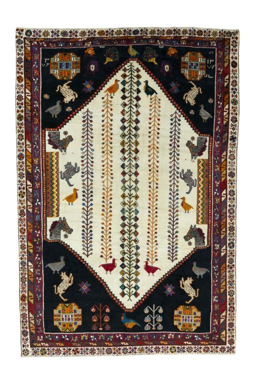 Full view of 2000s Shiraz rug from Iran / Persia, 300 × 201 cm in Beige tones