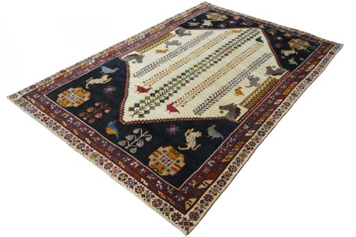 Corner detail of 2000s Shiraz rug showing border pattern and Wool pile