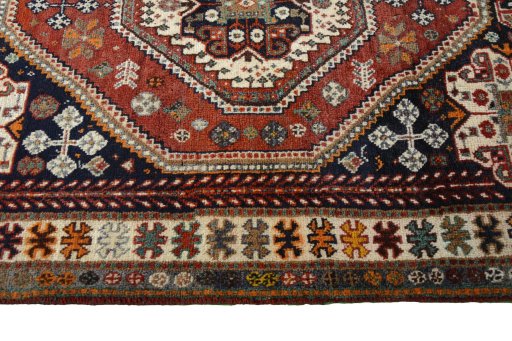 Full view of 2000s Shiraz rug from Iran / Persia, 145 × 102 cm in Red tones