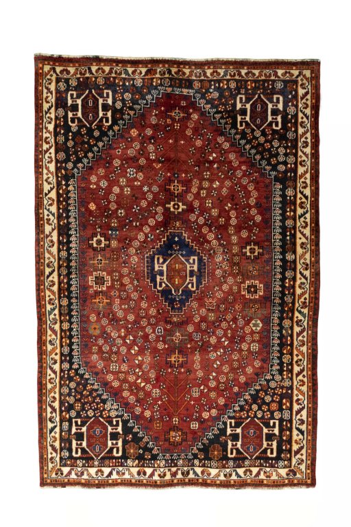 Full view of 2000s Shiraz rug from Iran / Persia, 250 × 168 cm in Red tones
