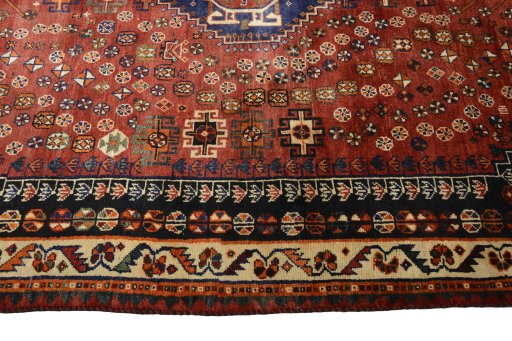 Full view of 2000s Shiraz rug from Iran / Persia, 250 × 168 cm in Red tones