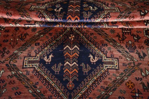 Full view of 2000s Shiraz rug from Iran / Persia, 251 × 172 cm in Red tones