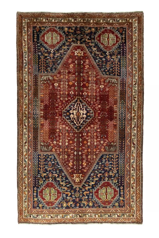 Full view of 2000s Shiraz rug from Iran / Persia, 256 × 153 cm in Red tones