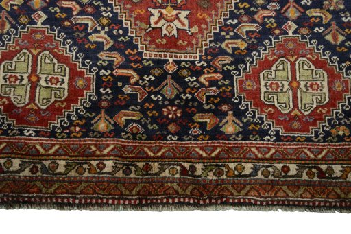 Full view of 2000s Shiraz rug from Iran / Persia, 256 × 153 cm in Red tones