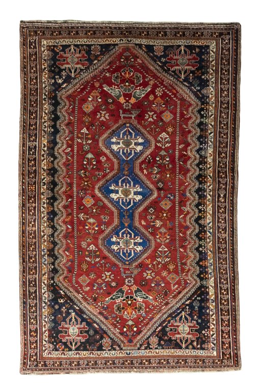 Full view of 2000s Shiraz rug from Iran / Persia, 267 × 169 cm in Red tones