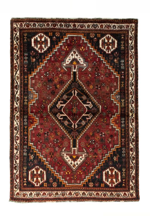 Full view of 2000s Shiraz rug from Iran / Persia, 171 × 121 cm in Red tones