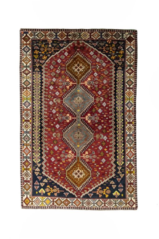 Full view of 2000s Shiraz rug from Iran / Persia, 230 × 150 cm in Red tones