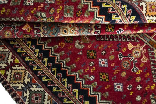 Full view of 2000s Shiraz rug from Iran / Persia, 230 × 150 cm in Red tones