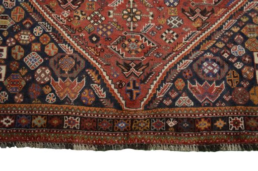 Full view of 2000s Shiraz rug from Iran / Persia, 258 × 178 cm in Red tones