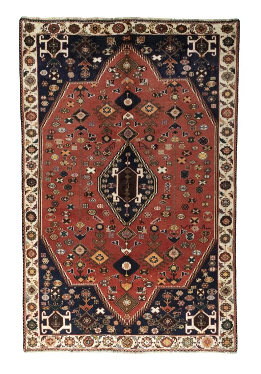 Full view of 2000s Shiraz rug from Iran / Persia, 270 × 172 cm in Red tones