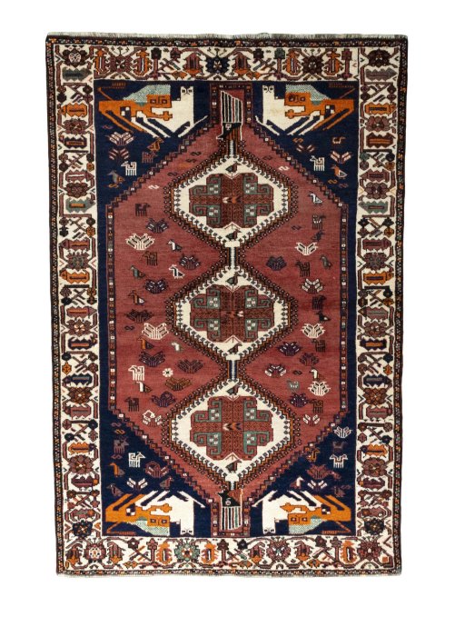Full view of 2000s Shiraz rug from Iran / Persia, 242 × 161 cm in Red tones