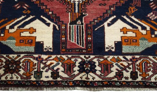 Full view of 2000s Shiraz rug from Iran / Persia, 242 × 161 cm in Red tones