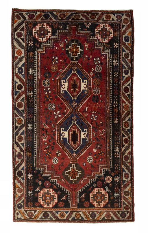 Full view of 2000s Shiraz rug from Iran / Persia, 268 × 154 cm in Red tones