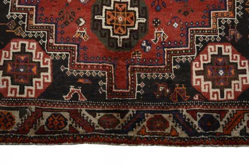 Full view of 2000s Shiraz rug from Iran / Persia, 268 × 154 cm in Red tones