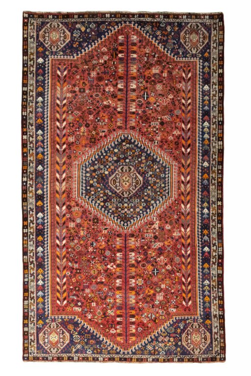 Full view of 2000s Shiraz rug from Iran / Persia, 276 × 159 cm in Red tones