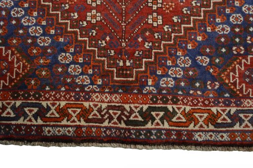 Full view of 2000s Shiraz rug from Iran / Persia, 243 × 159 cm in Red tones