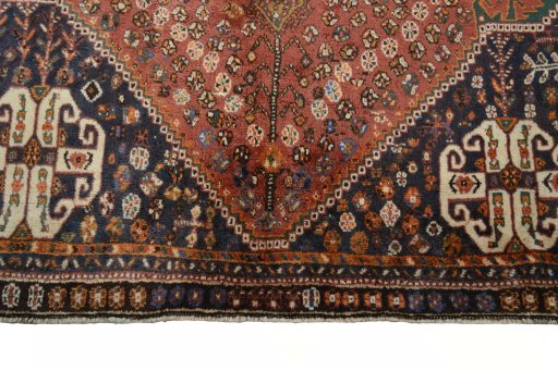 Full view of 2000s Shiraz rug from Iran / Persia, 248 × 153 cm in Red tones