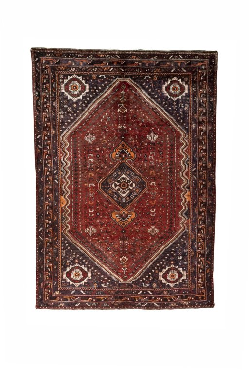 Full view of 2000s Shiraz rug from Iran / Persia, 310 × 217 cm in Red tones