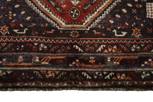 Full view of 2000s Shiraz rug from Iran / Persia, 310 × 217 cm in Red tones