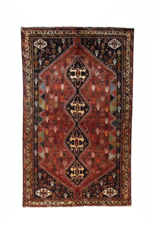 Full view of 2000s Shiraz rug from Iran / Persia, 281 × 173 cm in Red tones