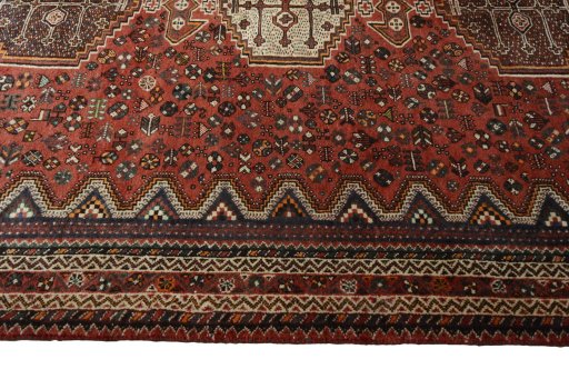 Full view of 2000s Shiraz rug from Iran / Persia, 243 × 180 cm in Red tones