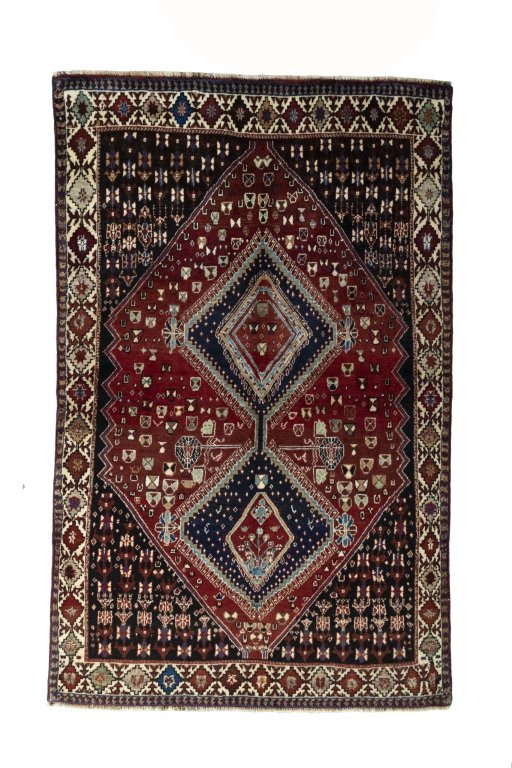 Full view of 2000s Shiraz rug from Iran / Persia, 238 × 150 cm in Red tones