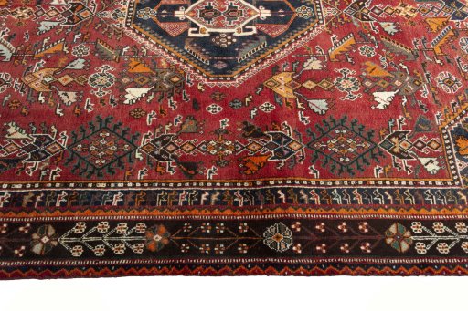 Full view of 2000s Shiraz rug from Iran / Persia, 255 × 164 cm in Red tones