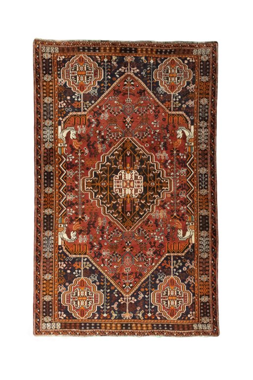 Full view of 2000s Shiraz rug from Iran / Persia, 247 × 155 cm in Red tones