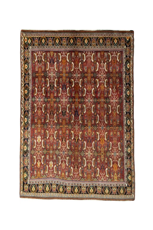 Full view of 2000s Shiraz rug from Iran / Persia, 293 × 200 cm in Red tones