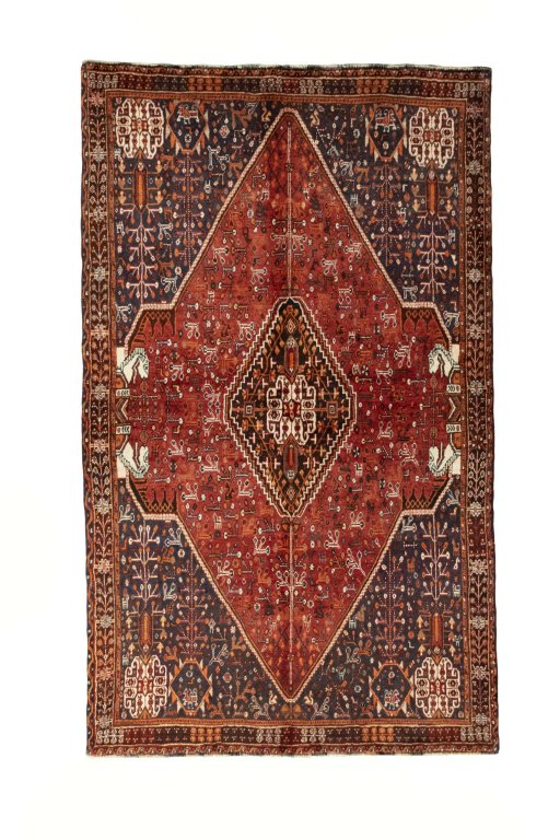 Full view of 2000s Shiraz rug from Iran / Persia, 257 × 156 cm in Red tones
