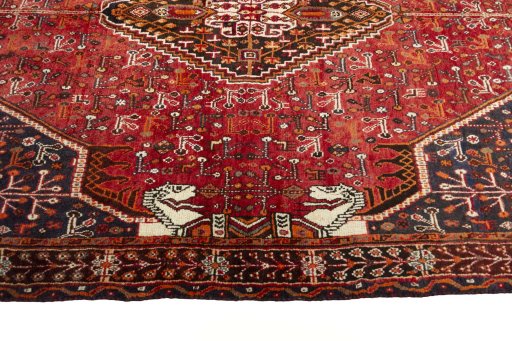 Full view of 2000s Shiraz rug from Iran / Persia, 257 × 156 cm in Red tones