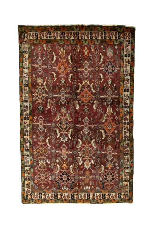 Full view of 2000s Shiraz rug from Iran / Persia, 228 × 145 cm in Red tones