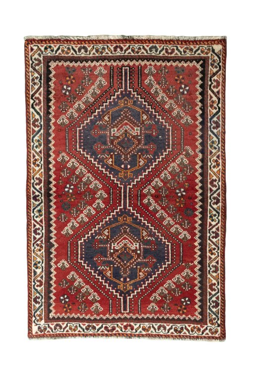 Full view of 2000s Shiraz rug from Iran / Persia, 145 × 98 cm in Red tones