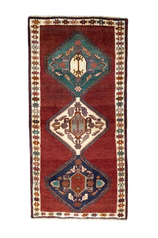 Full view of 2000s Shiraz rug from Iran / Persia, 172 × 85 cm in Red tones