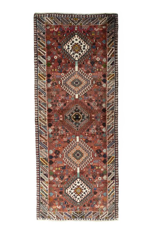 Full view of 2000s Shiraz rug from Iran / Persia, 190 × 77 cm in Red tones