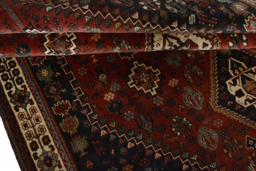 Full view of 2000s Shiraz rug from Iran / Persia, 267 × 177 cm in Red tones