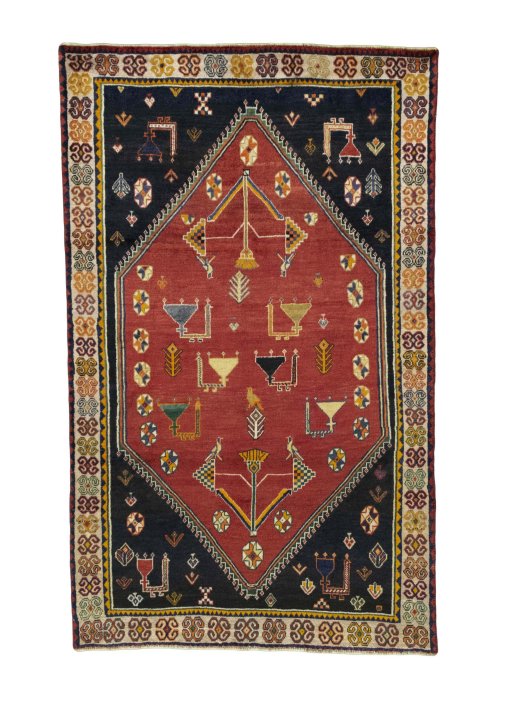 Full view of 2000s Shiraz rug from Iran / Persia, 216 × 133 cm in Red tones