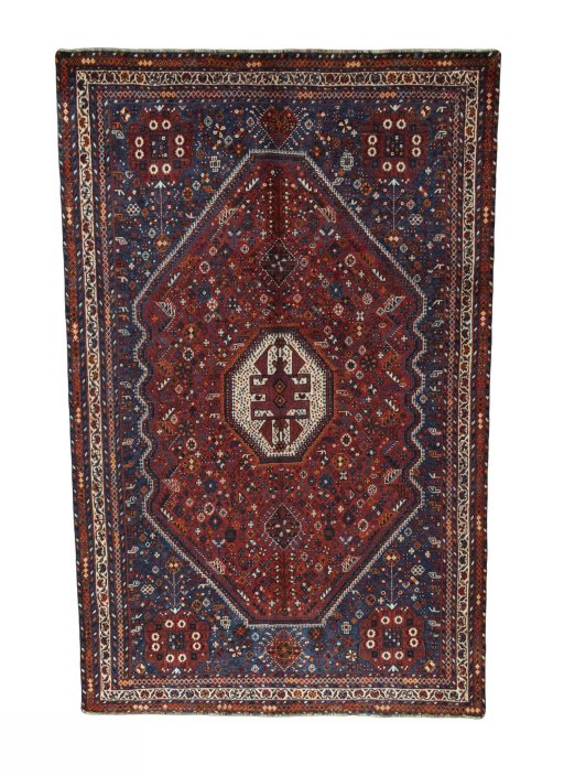 Full view of 1970s Shiraz rug from Iran / Persia, 282 × 180 cm in Red tones