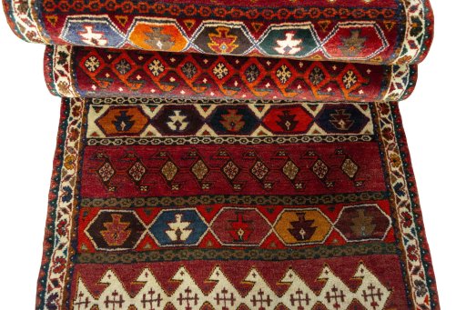 Full view of 2000s Shiraz rug from Iran / Persia, 203 × 83 cm in Red tones