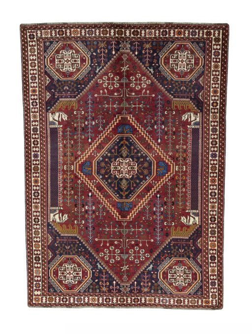 Full view of 2000s Shiraz rug from Iran / Persia, 293 × 210 cm in Red tones