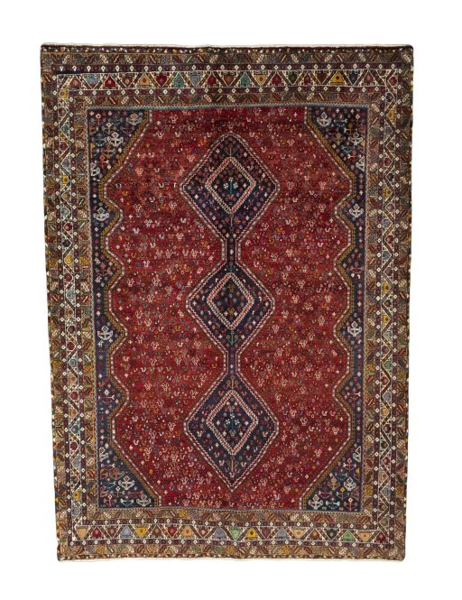Full view of 2000s Shiraz rug from Iran / Persia, 290 × 205 cm in Red tones