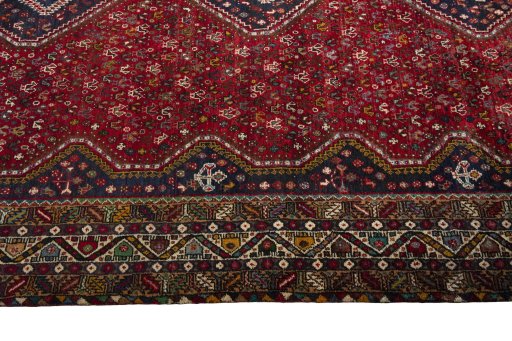 Full view of 2000s Shiraz rug from Iran / Persia, 290 × 205 cm in Red tones