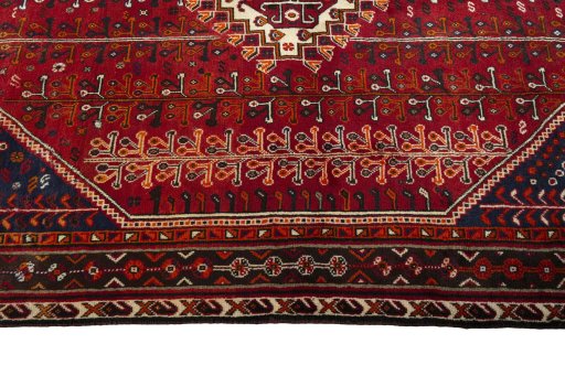 Full view of 2000s Shiraz rug from Iran / Persia, 244 × 163 cm in Red tones