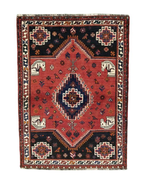 Full view of 2000s Shiraz rug from Iran / Persia, 170 × 123 cm in Red tones